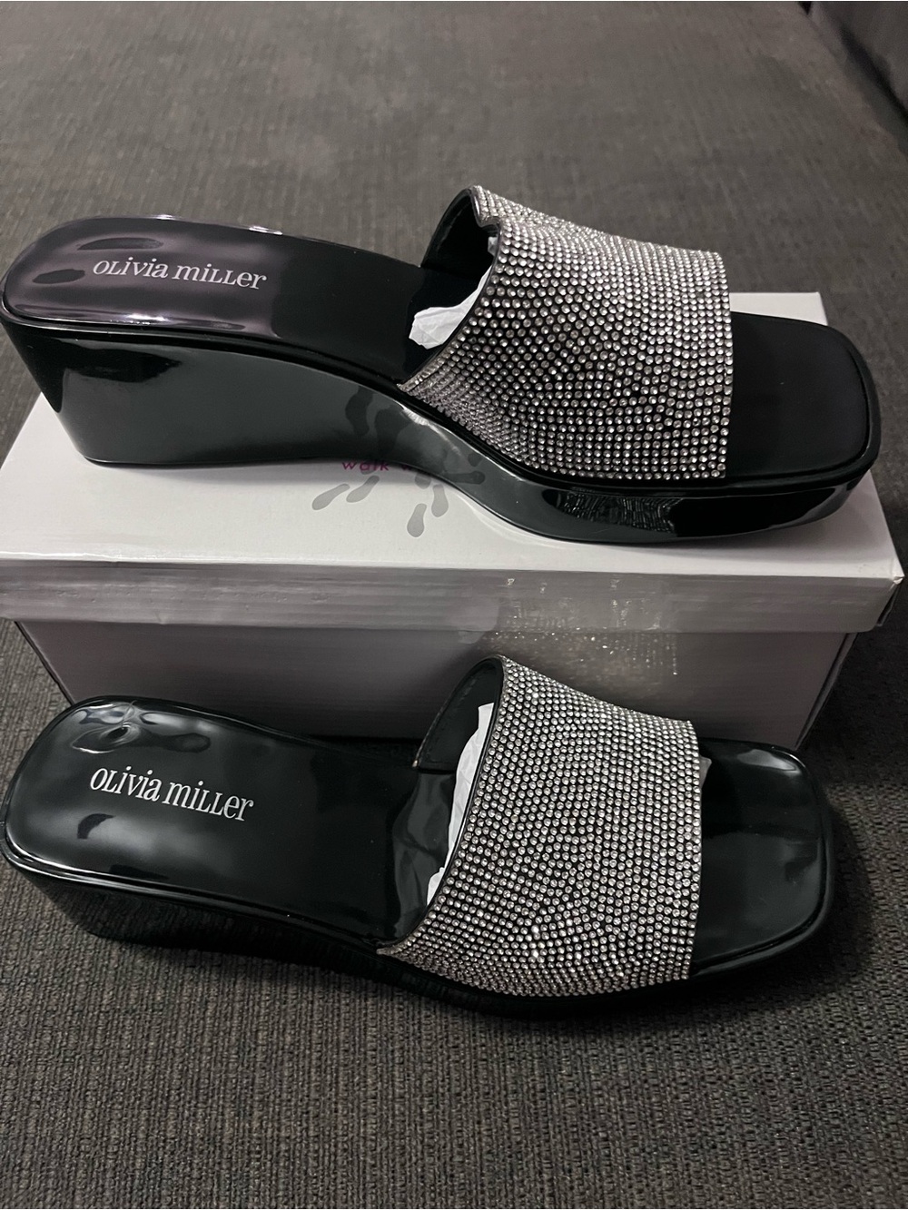 Olivia Miller Black Jeweled Slide Wedges